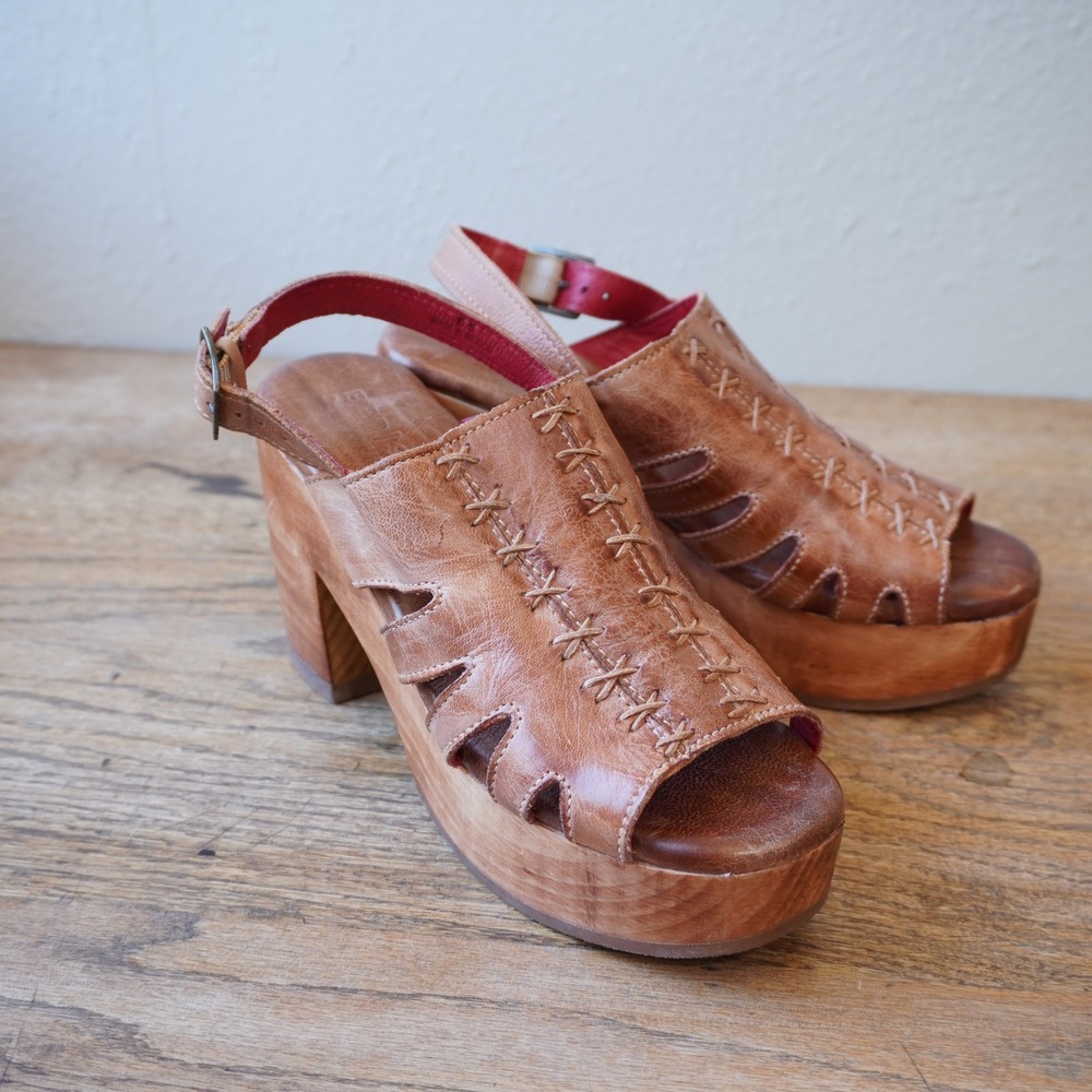Bed Stu 6.5 Leather Platform Sandals Tan Excellent Stitch Wood Heel Boho Western